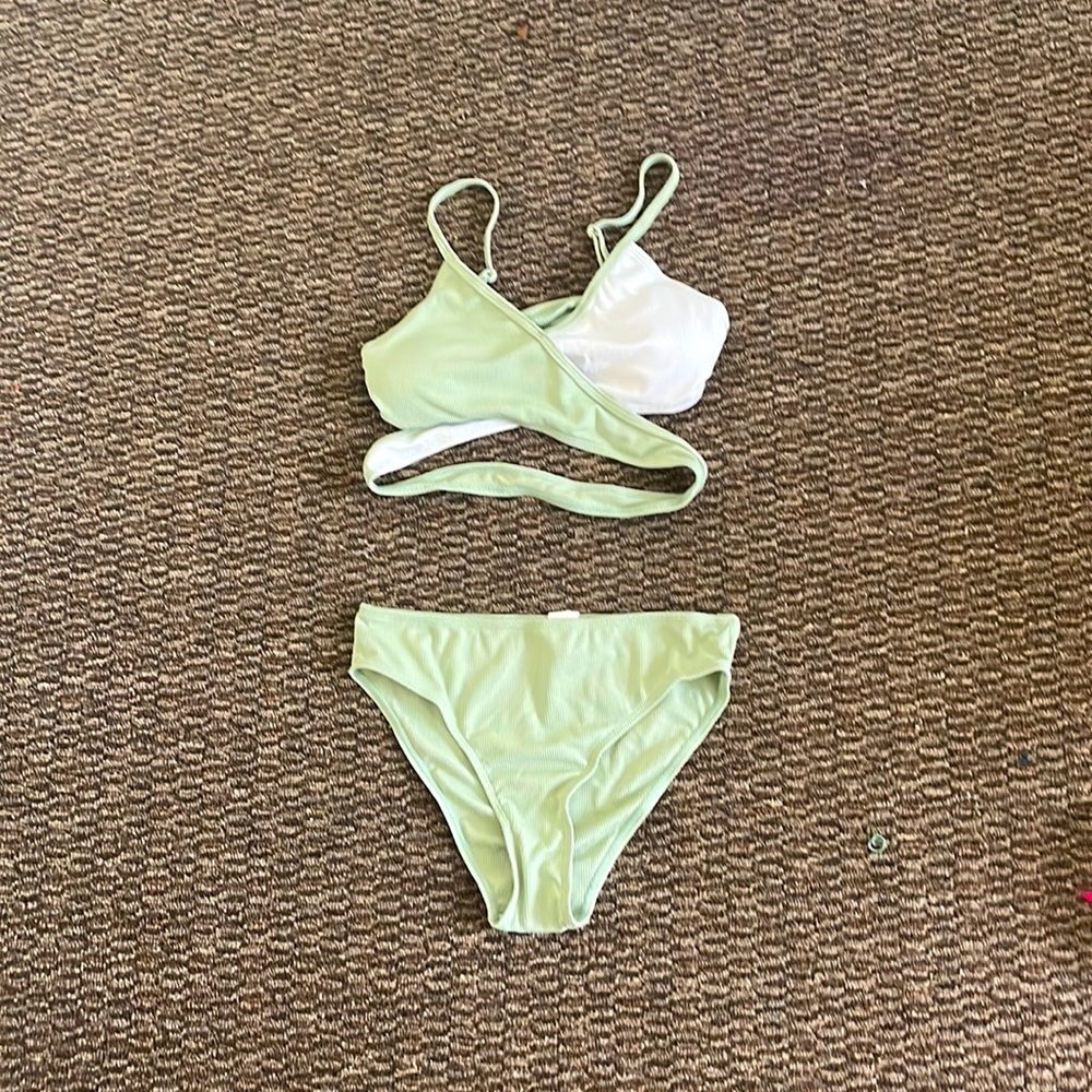 White and light green two piece swimsuit with light green shorts from Shein